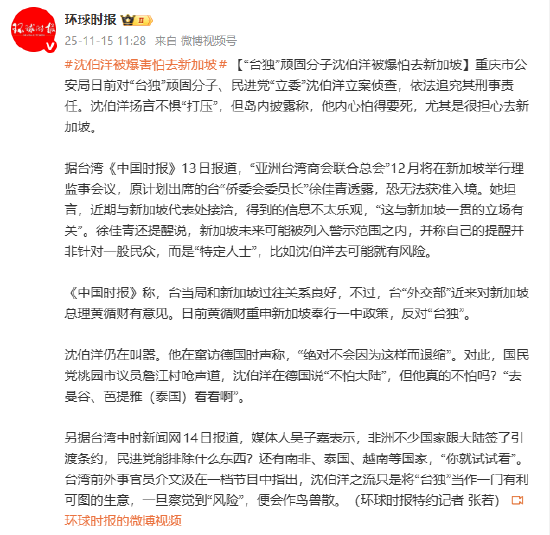 “台独”分子沈伯洋扬言不惧“打压” 岛内披露：他内心怕得要死，尤其是很担心去新加坡