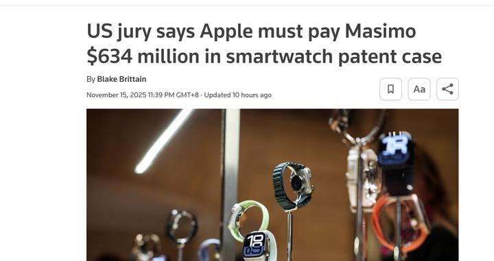 Apple Watch 血氧检测相关技术侵权苹果被判赔偿6.34 亿美元